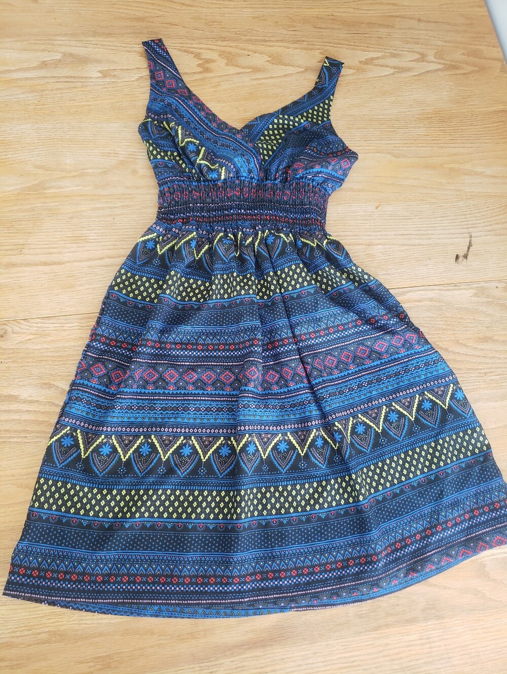 Poema Navy Blue Multi-Patterned Smocked Mini Dress